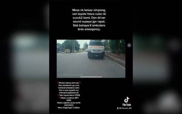 Pemandu ambulan memberi amaran kepada pemandu van terbabit supaya tidak berada terlalu rapat sebelum ambulan berkenaan dikejar oleh dua lelaki.