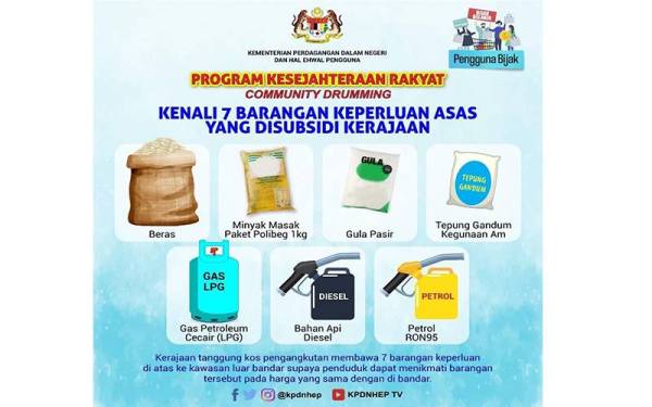Tujuh barangan keperluan asas yang disubsidi kerajaan demi meringankan beban pengguna, terutama sekali golongan berpendapatan rendah.