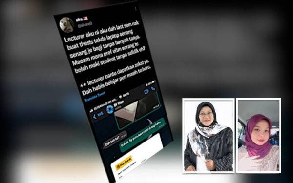 Ciapan berkenaan seorang pensyarah menyumbangkan sejumlah wang kepada pelajar untuk membeli komputer riba tular di Twitter pada Rabu. (Gambar kecil dari kiri: Wan Amizah, Ishaira Syuhada)