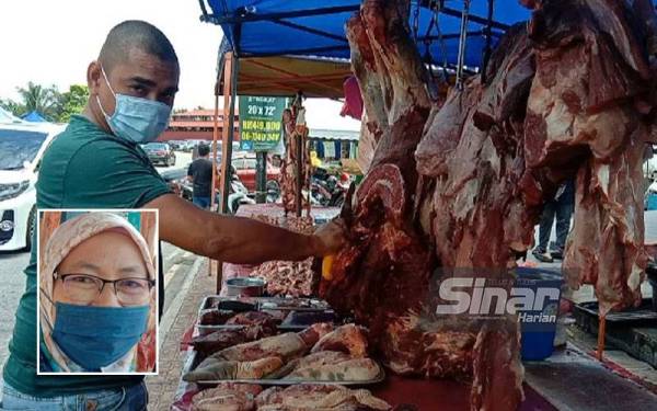 Mohd Fadhil sedang melapah daging untuk mantai. (Gambar kecil: Zalita)