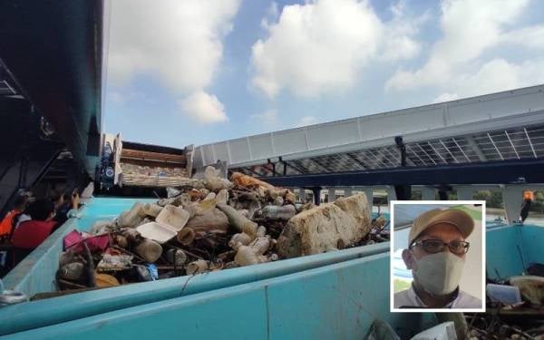 Sampah yang terkumpul di 'interceptor' 005 berdekatan jambatan Jalan Parang. (Gambar kecil: Izham)