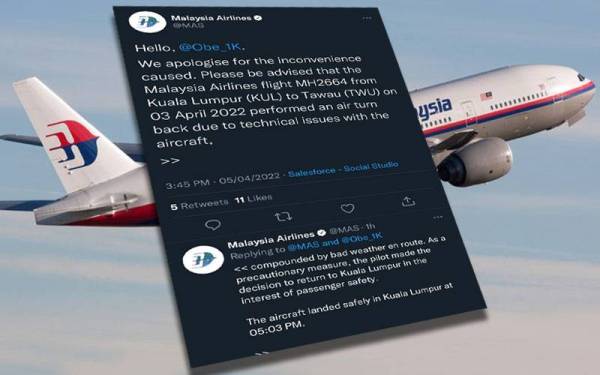 Pesawat MH2664 ke Tawau pada Isnin terpaksa berpatah balik ke Lapangan Terbang Antarabangsa Kuala Lumpur (KLIA) disebabkan masalah teknikal. Gambar hiasan.