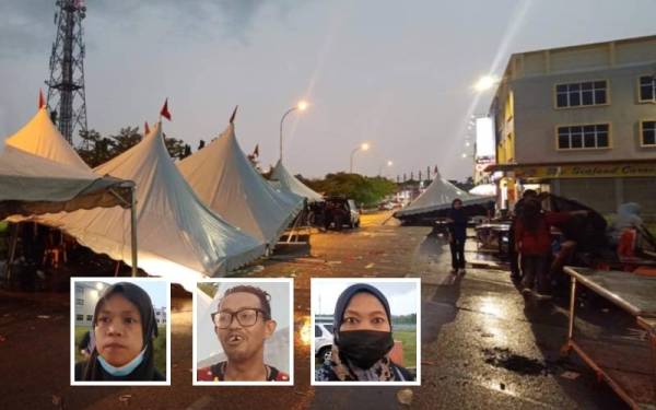 Keadaan khemah peniaga di bazar Ramadan Triang yang dilanda ribut pada petang Rabu. Gambar kecil; Dari kiri, Suria, Fazli dan Idywati.