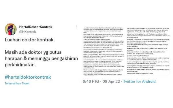 Luahan hati Dr Prabakaran dikongsi di Twitter HartalDoktorKontrak pada Sabtu.