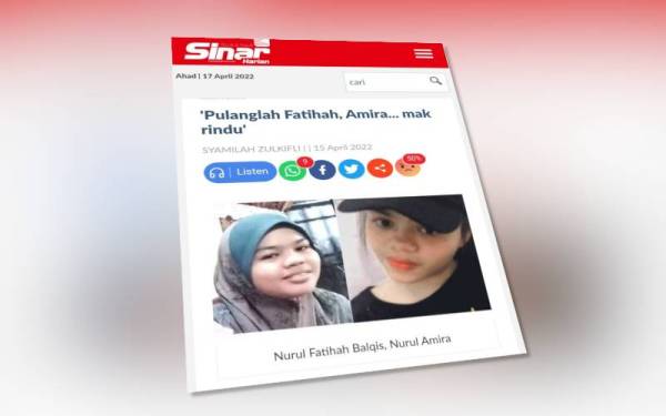 Laporan Sinar Harian sebelum ini berhubung kehilangan dua beradik, Fatihah dan Amira.