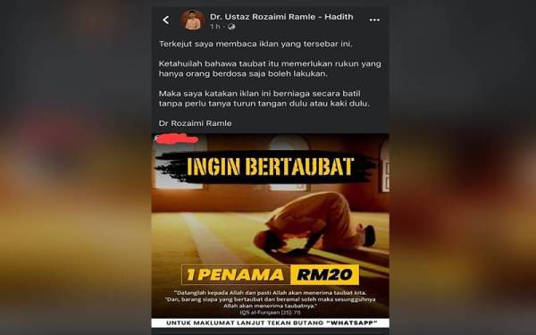 Tangkap layar hantaran Facebook Dr Rozaimi Ramle pada Jumaat.
