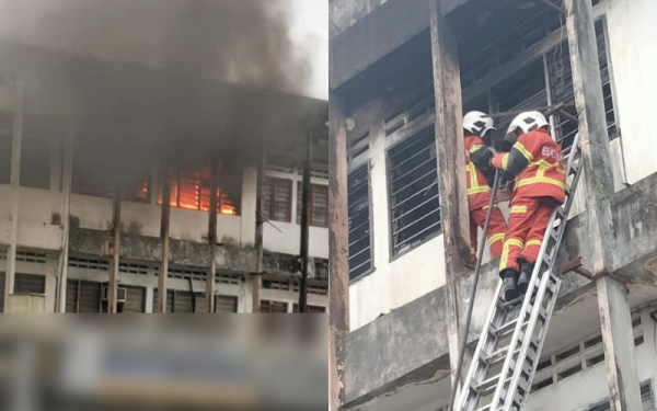 Gambar kiri: Kebakaran melibatkan tingkat tiga bangunan kedai di Jalan Pasir Puteh, Ipoh. Gambar kanan: Anggota bomba menggunakan tangga bagi melakukan pemadaman di tingkat tiga bangunan kedai yang dihuni dua mangsa di Jalan Pasir Puteh, Ipoh. - Foto Ihsan JBPM Perak