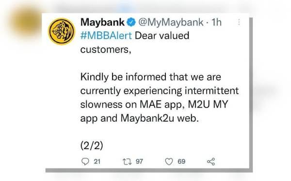 Maybank memaklumkan semua aplikasi perbankan dalam talian bank itu sedang mengalami pengaksesan yang perlahan ketika ini.