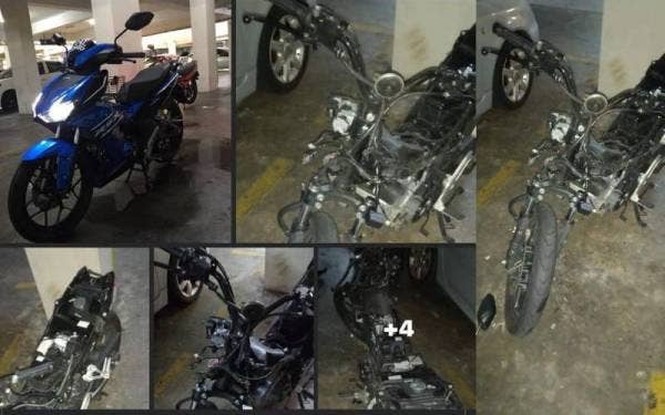 Keadaan motosikal mangsa selepas komponen dicuri.