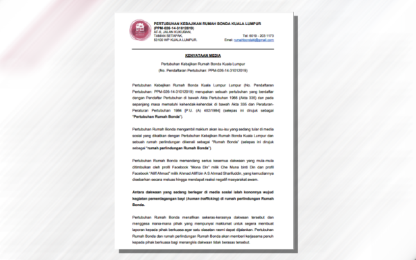 Kenyataan akhbar Rumah Bonda pada Selasa.