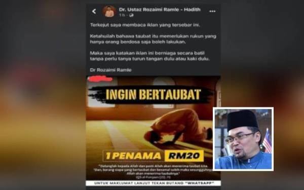 Tangkap layar poster pakej taubat di Facebook. Gambar kecil: Mohd Shahzihan