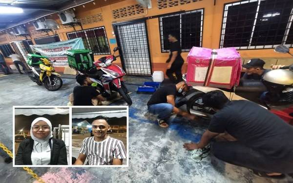 Mekanik membuat perkhidmatan servis motosikal percuma . (Gambar kecil : Amalina, Muhammad Hafidzul)