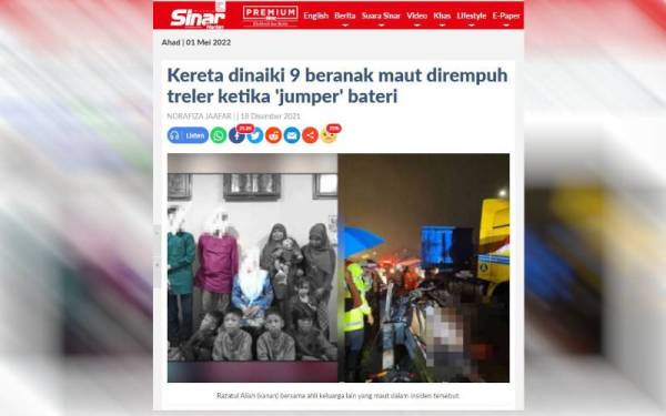 Laporan Sinar Harian mengenai kejadian kemalangan yang mengorbankan nyawa isteri Abd Razak dan lapan anaknya pada 17 Disember tahun lalu.