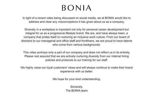Kenyataan dikeluarkan oleh Bonia pada Ahad.