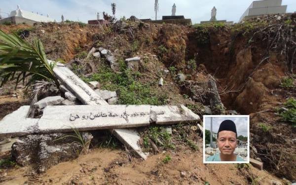 Antara sisa kepok kubur yang didakwa rosak akibat hakisan tanah di Tanah Perkuburan Islam MBPJ Kampung Tunku di sini. Gambar kecil: Norlan
