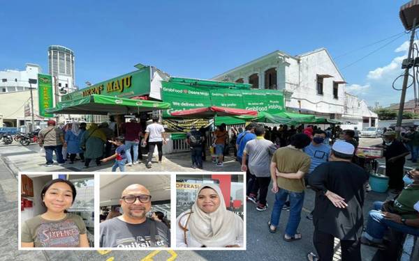Orang ramai sanggup beratur panjang demi mendapatkan nasi kandar kegemaran mereka. (Gambar kecil dari kiri: Puteri Aishah, Sheik Shahril dan Fadzilah.