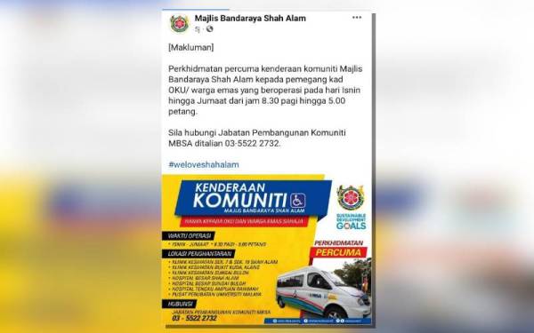 Tangkap layar Facebook MBSA pada Isnin.