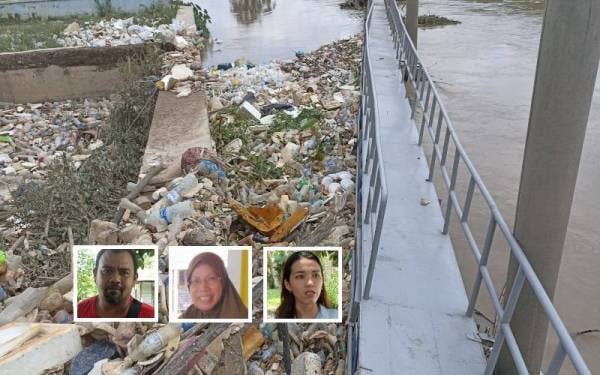Keadaan perangkap sampah di Batu 9 Skudai yang dipenuhi dengan plastik, botol dan polisterin. Gambar kecil: Dari kiri; Mohd Rizal, Suzana dan Marina.