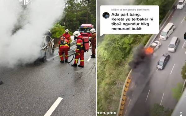 Anggota bomba dari BBP Genting Highlands membantu memadamkan kebakaran kereta jenis Hyundai Elantra yang terbakar di jalan naik ke Genting Highlands pada Isnin. - Foto JBPM Pahang (Gambar kanan: Tangkap layar video kejadian yang tular di aplikasi Tiktok.)