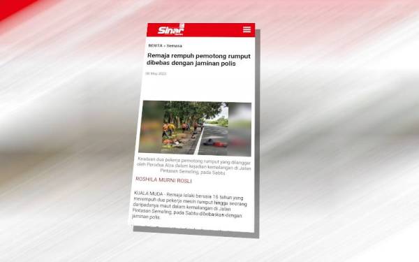 Tangkap layar laporan Sinar Harian berhubung kejadian yang berlaku pada Sabtu.