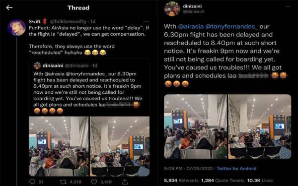 Kelewatan penerbangan turut diluahkan menerusi Twitter.