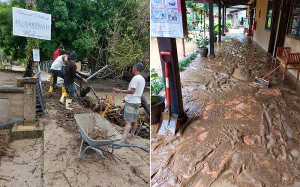 Banjir yang turut menjejaskan Al Sakinah Resort Janda Baik pada Rabu lalu. Gambar kanan: Keadaan yang dialami antara resort yang terjejas akibat banjir pada Rabu lalu.