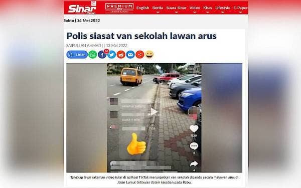 Sebelum ini polis membuka kertas siasatan berhubung kejadian tular sebuah van sekolah dipandu secara melawan arus di Jalan Lumut-Sitiawan dalam kejadian pada Rabu.