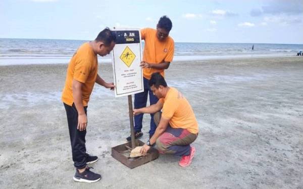 Wan Mohd Harith Firdaus (duduk) bersama rakan setugas memasang papan tanda amaran sebagai peringatan kepada pengunjung tentang kehadiran obor-obor di pantai itu pada Sabtu.