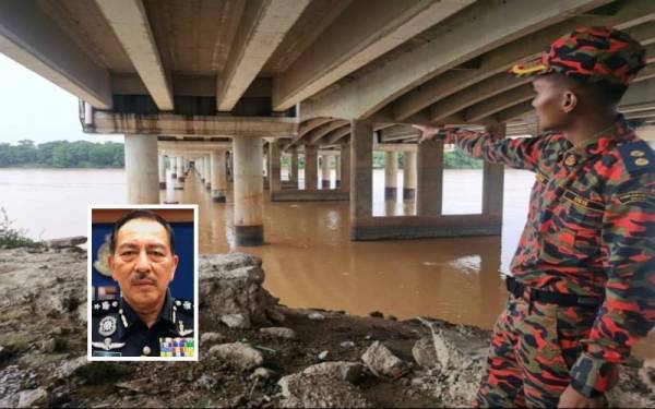 Anggota dari Jabatan Bomba dan Penyelamat Malaysia Kelantan menunjukkan lokasi terakhir lelaki tersebut dilihat terjatuh dari Jambatan Sultan Yahya Petra, Kota Bharu. Gambar kecil: Muhamad Zaki