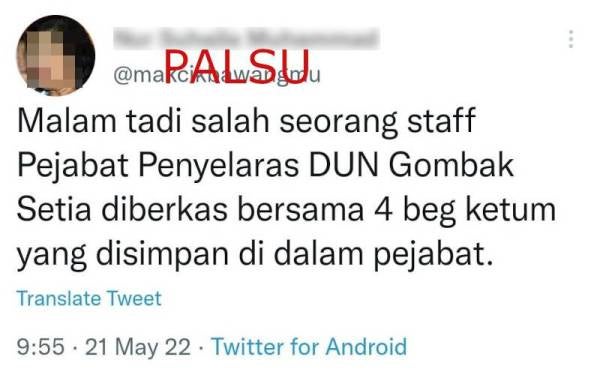 Polis menafikan hantaran di media sosial yang menyatakan salah seorang kakitangan Pejabat Penyelaras DUN Gombak Setia diberkas bersama empat beg ketum.