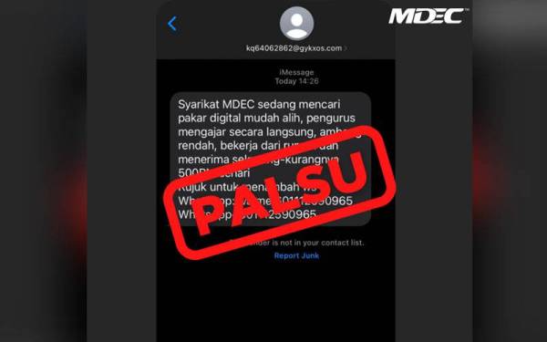 MDEC menafikan tawaran jawatan kerja kosong dan menegaskan pihaknya tidak menjalankan sebarang pengambilan pekerja melalui SMS. - Foto Facebook MDEC