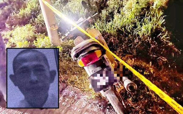 Motosikal mangsa yang terbabas dan melanggar tiang lampu sebelum terjatuh dalam parit. (Gambar kecil: Nasrudin)