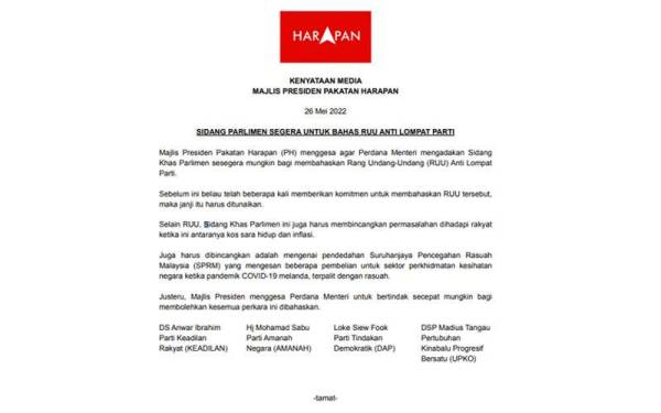 Kenyataan media Majlis Presiden PH pada Khamis.