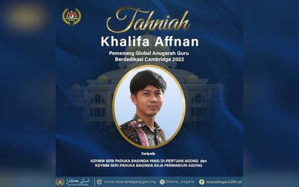 Seri Paduka menzahirkan rasa sukacita dan bangga atas kejayaan Khalifa Affnan mengharumkan nama Malaysia di persada dunia. - Foto sumber Facebook Istana Negara