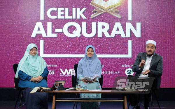 Dari kiri moderator, Dr Harlina Halizah, Fatimah Syarha dan Syaari dalam Program Celik Al-Quran 4:34 bertajuk ‘Benarkah Islam bolehkan suami memukul isteri?’ dianjurkan Akademi Dr Har dan Wanita Berdaya Selangor Sdn Bhd (WBS) disenergikan Yayasan Warisan Ummah Ikhlas (WUIF) yang disiarkan secara langsung menerusi platform Sinar Harian pada Ahad. - Foto SINAR HARIAN/HALIM WAHID