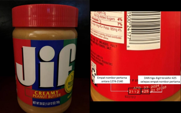 Pengguna yang telah membeli produk tersebut dengan nombor batch di antara 1274425 hingga 2140425 dengan tiga digit terakhir 425 diminta untuk tidak memakan produk tersebut. - Foto sumber KKM