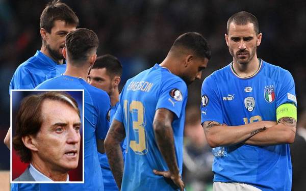 Sebahagian pemain Italy kecewa dengan kekalahan berkenaan. - Foto EPA. Gambar kecil: Mancini - Foto GettyImages