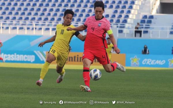 Penyerang skuad B-23 negara, Luqman Hakim diberikan kawalan ketat oleh pertahanan Republik Korea pada perlawanan berkenaan. - Foto FB FAM