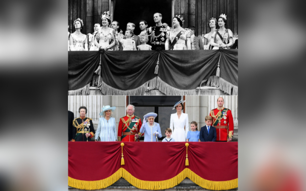 La combinaison de photos montre la reine Elizabeth II se produisant sur le balcon du palais de Buckingham à Londres le jour de son couronnement le 2 juin 1953 (photo ci-dessus) et lors des célébrations du jubilé de platine qui ont commencé jeudi.