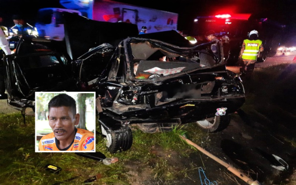 Keadaan kereta yang terbabit dalam nahas rempuhan treler hingga mengorbankan dua beradik dekat Kampar awal pagi Jumaat. Gambar kecil: Jaafar