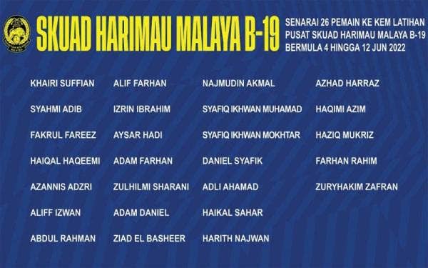 Senarai 26 pemain yang dipanggil ke latihan pusat skuad B19 negara. - Foto FAM