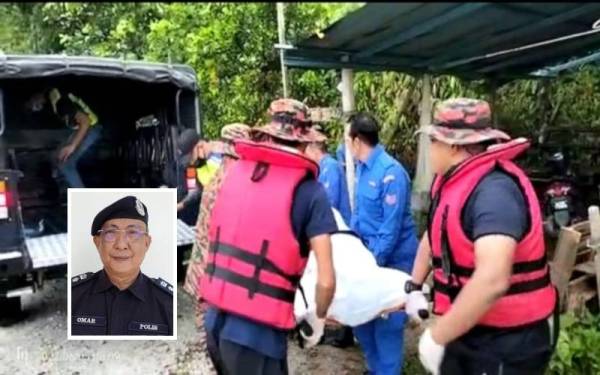 (Gambar kecil: Omar Bakhtiar) Mayat mangsa dihantar ke Hospital Kuala Kangsar untuk dibedah siasat. - Foto Ihsan Bomba Perak