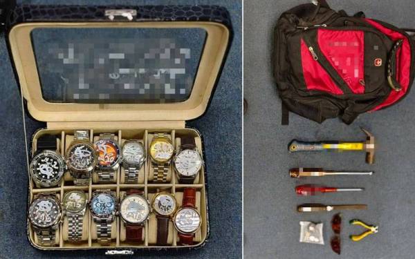 Antara barangan yang dirampas polis dan peralatan yang disyaki digunakan oleh suspek dalam kegiatan jenayah pecah rumah.