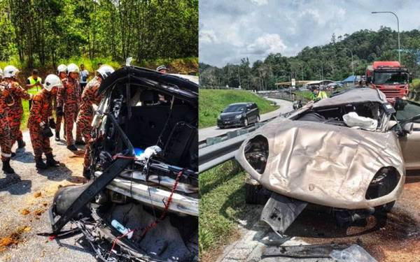Anggota bomba yang terlibat mengeluarkan mangsa yang tersepit dalam kenderaan terbabit pada Sabtu. Keadaan kereta jenis Porsche yang remuk akibat kemalangan tersebut pada Sabtu. - Foto JBPM