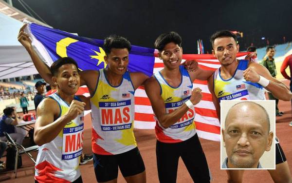 Barisan kuartet 4x100 meter lelaki negara yang berjaya meraih pingat perak serta memecahkan rekod kebangsaan pada Sukan SEA ke-31, di My Dinh National Stadium, Hanoi. Gambar kecil: Pekan
