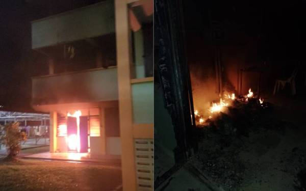 Keadaan kebakaran melibatkan sebuah bilik menggosok pakaian di asrama lelaki SMAP Labu, Nilai pada awal pagi Selasa. - Gambar ihsan bomba