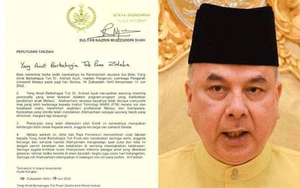 Warkah Perutusan Takziah oleh Sultan Nazrin berikutan pemergian Arshad.