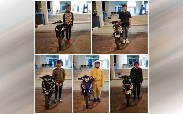 Lima suspek yang ditahan JSPT Bukit Aman kerana berlumba haram selepas menjamu selera di Lebuhraya Kuala Lumpur-Seremban. Foto JSPT
