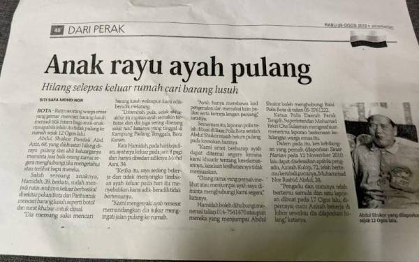Laporan kehilangan Abdul Shukor Pandak yang disiarkan Sinar Harian, 10 tahun lalu.