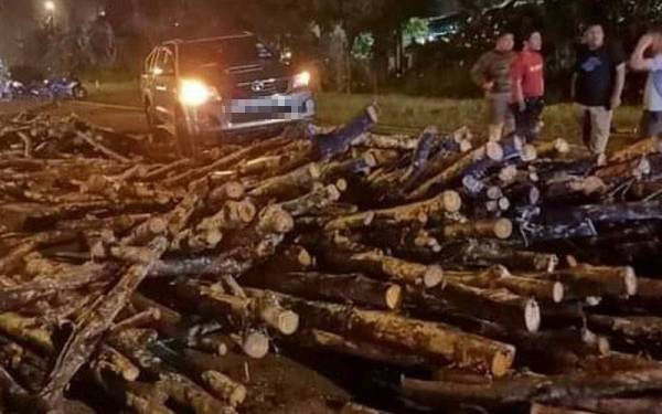 Longgokan kayu getah yang terjatuh dari sebuah treler di Kilometer 37 Jalan Klang-Teluk Intan di sini pada Ahad.